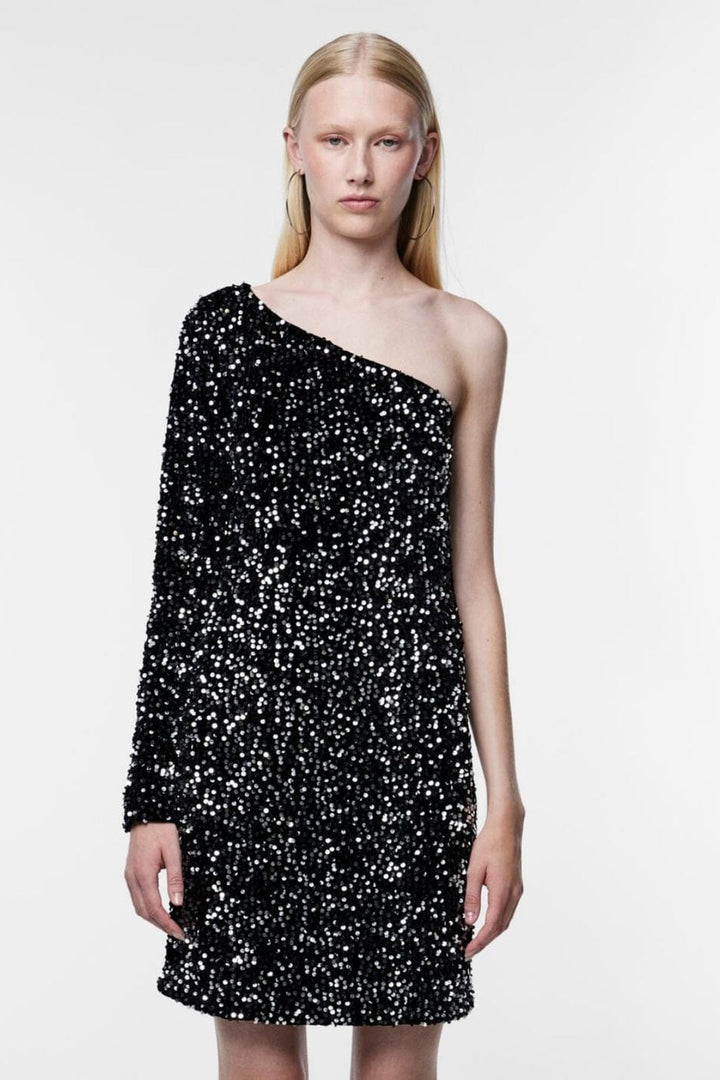 Pieces - Pcnylla Ls One Shoulder Dress - 4509900 Black Sequins
