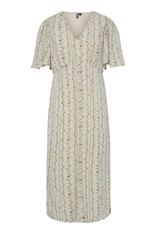 Pieces - Pctaitlyn Ss V-Neck Midi Dress - 4822602 Birch Striped Flower Kjoler 
