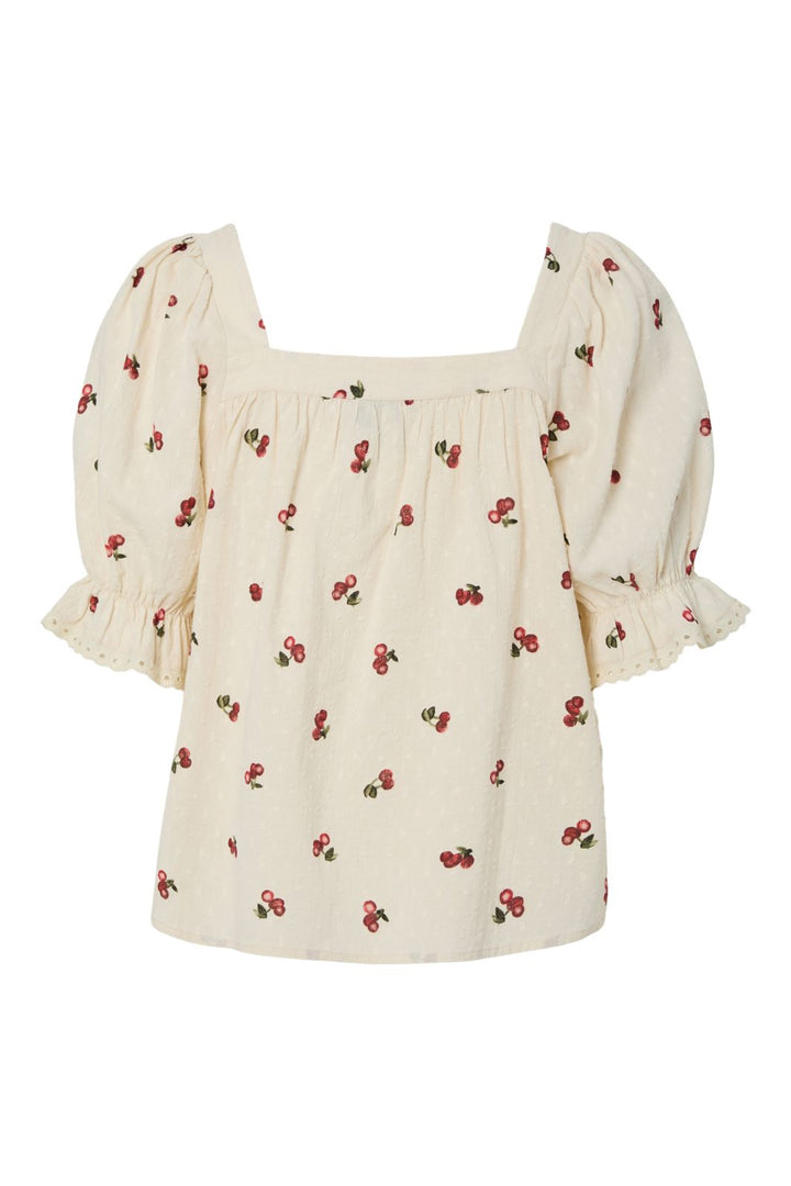 Vorbestellung - Pieces - Pcthea 3/4 Square Neck Top Pp - 4936521 Cloud Cream Cherries