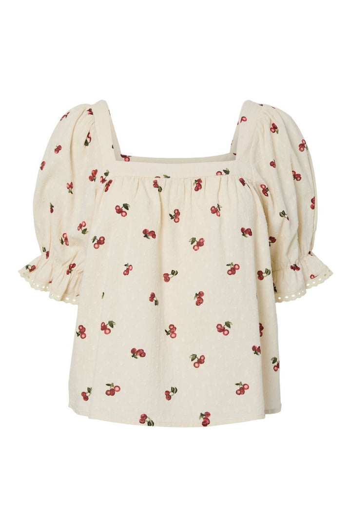 Vorbestellung - Pieces - Pcthea 3/4 Square Neck Top Pp - 4936521 Cloud Cream Cherries