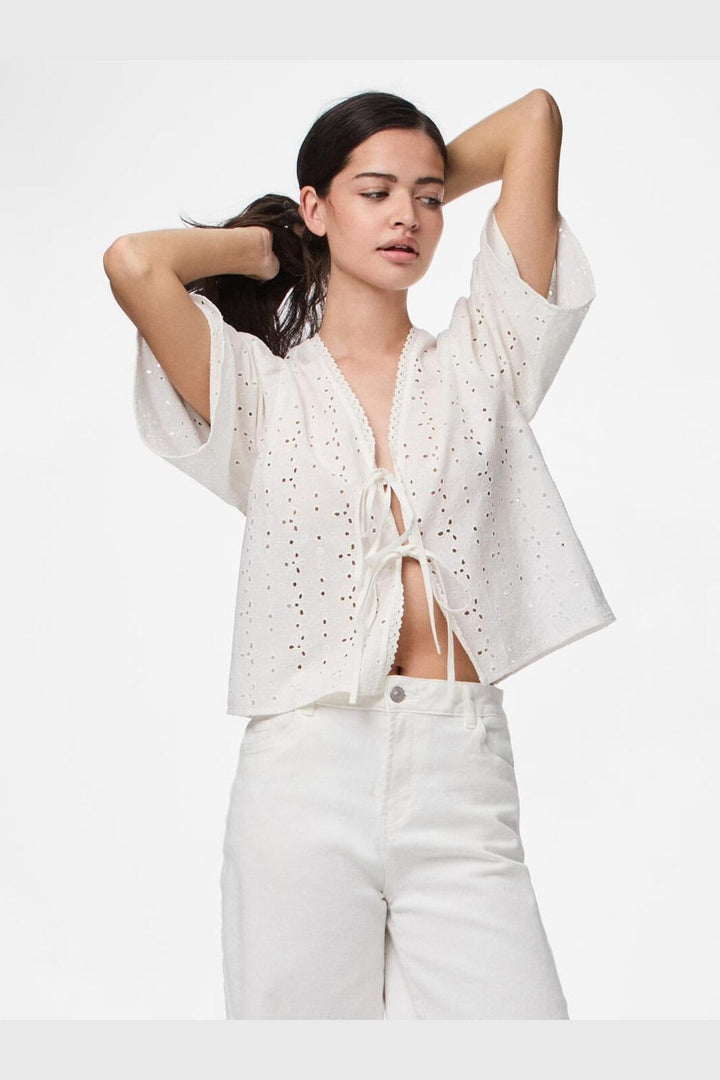 Pieces - Pctyla 2/4 V-Neck Tie Top Pp - 4935352 Cloud Cream