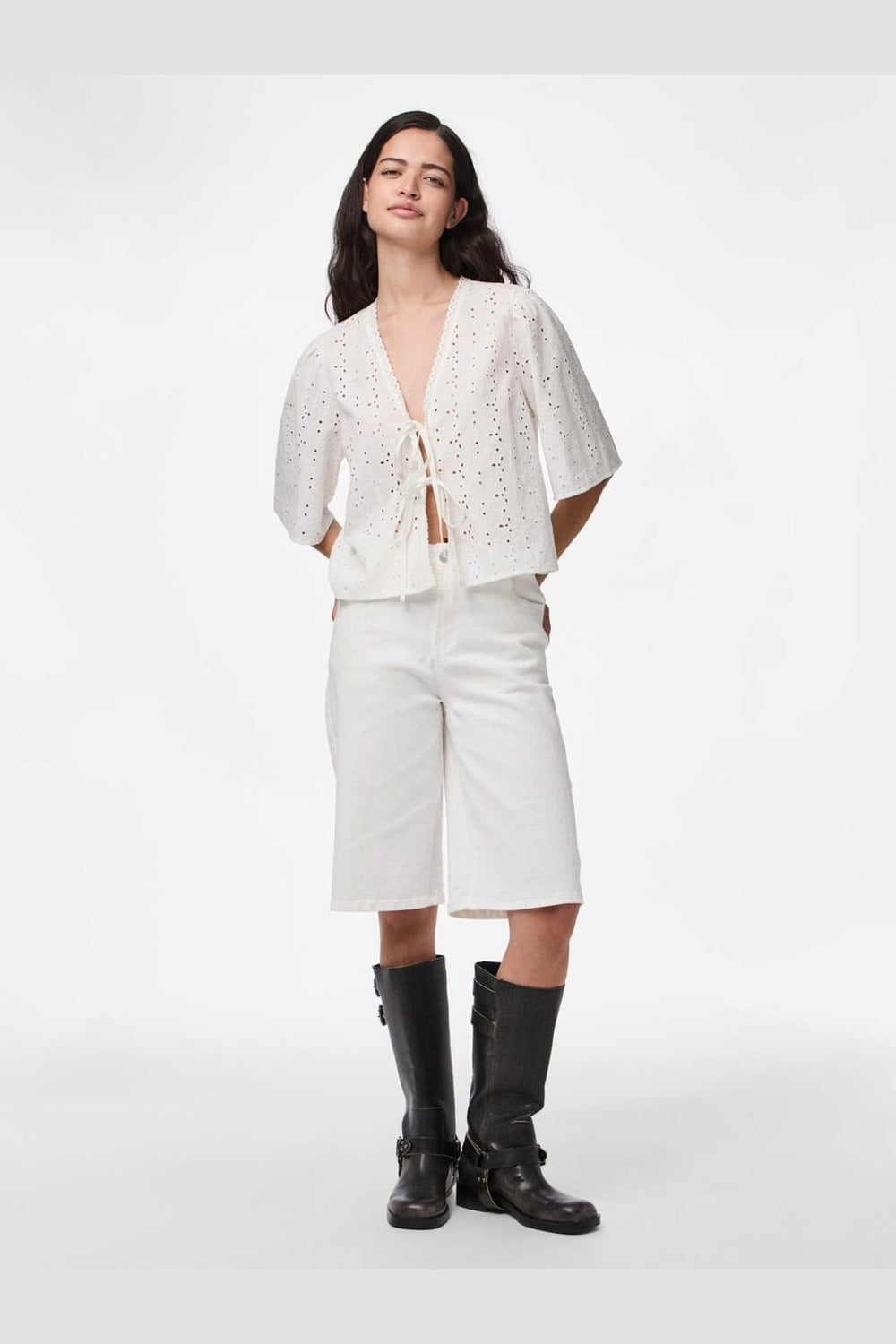 Pieces - Pctyla 2/4 V-Neck Tie Top Pp - 4935352 Cloud Cream