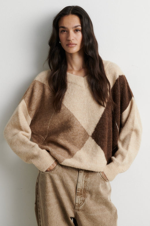 Second Female - Forca Knit V-Neck 61034 - 1041 Beige Melange Strikbluser 
