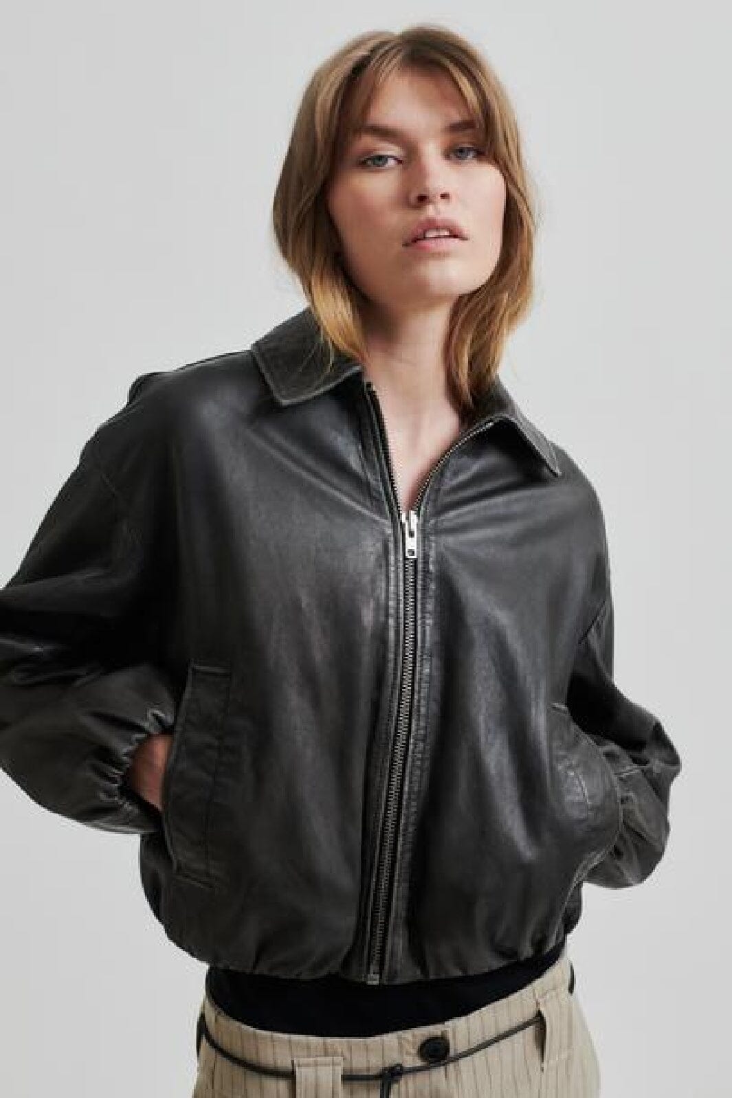 Second Female - Lato Leather Bomber Jacket 59476 - Thunderstorm 7043