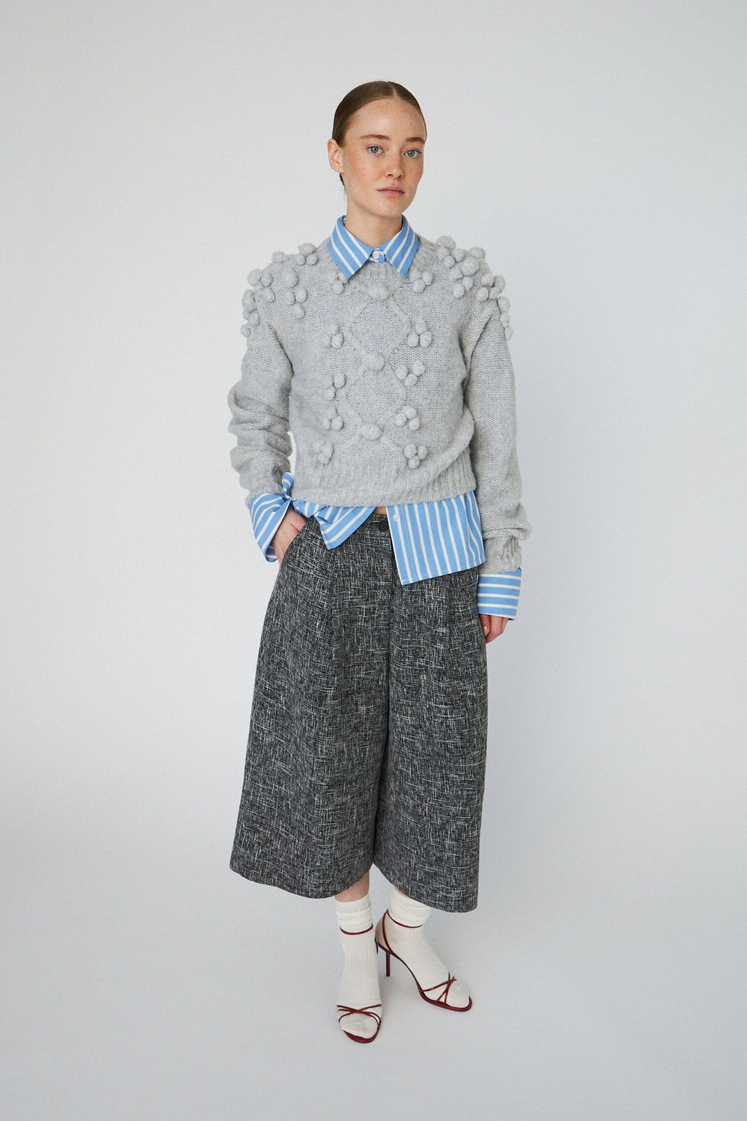 Stella Nova - Cable Knit With Bobblestw54-3294 - 912 Light Grey Mélange Strikbluser 