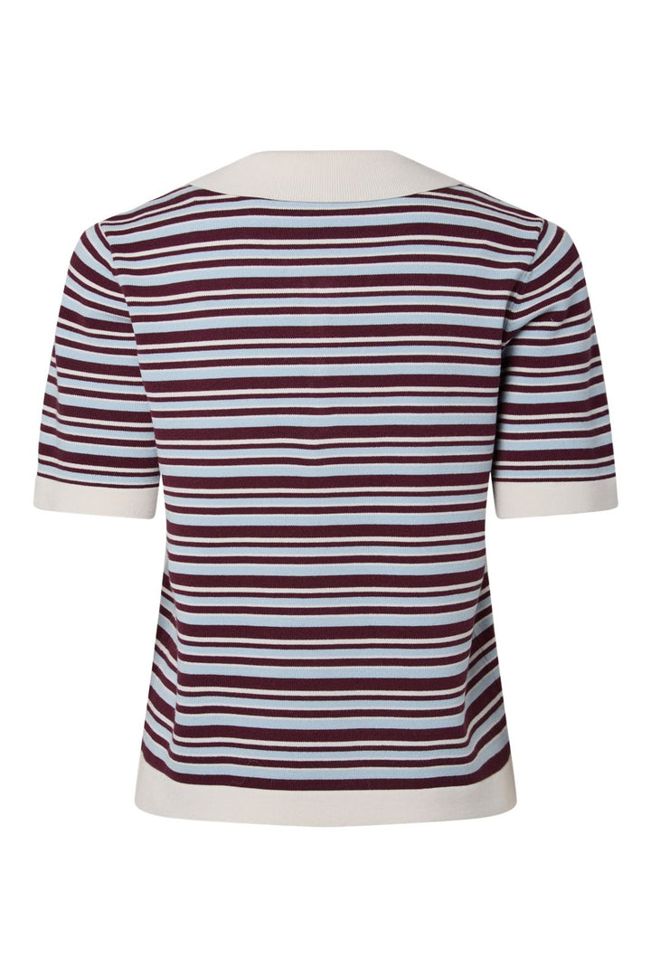 YAS - Yasbelle Ss Polo Knit Pullover - 5115833 Birch Burgundy/Blue Stripe
